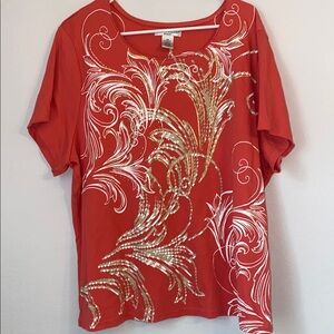 Rebecca Malone Red Blouse with Gold and White Accents